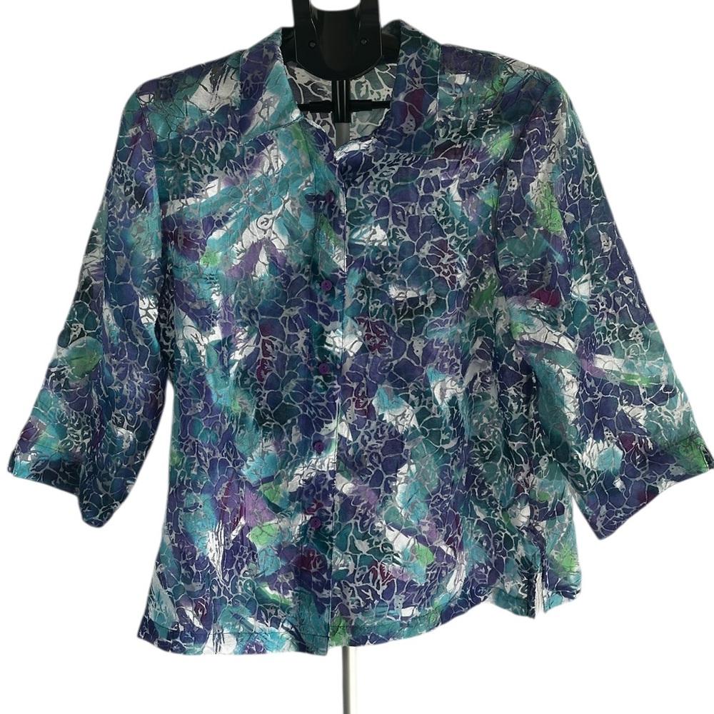 VTG Allison Daley Petite Sheer Floral Blouse Y2K Watercolor Abstract Button Up